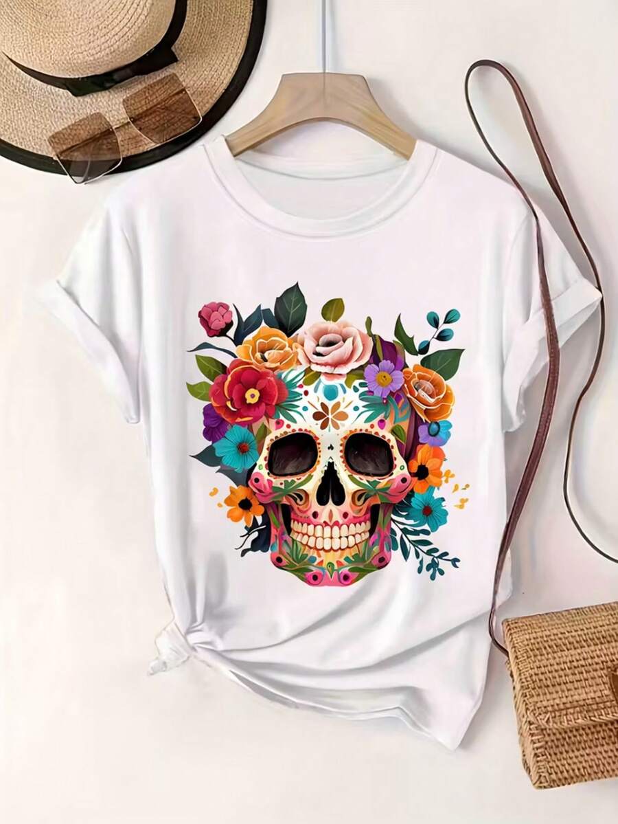 Una camiseta de mujer de estilo casual, de corte holgado, con cuello redondo y estampado floral de manga corta - Blanco 2 - Ver 1