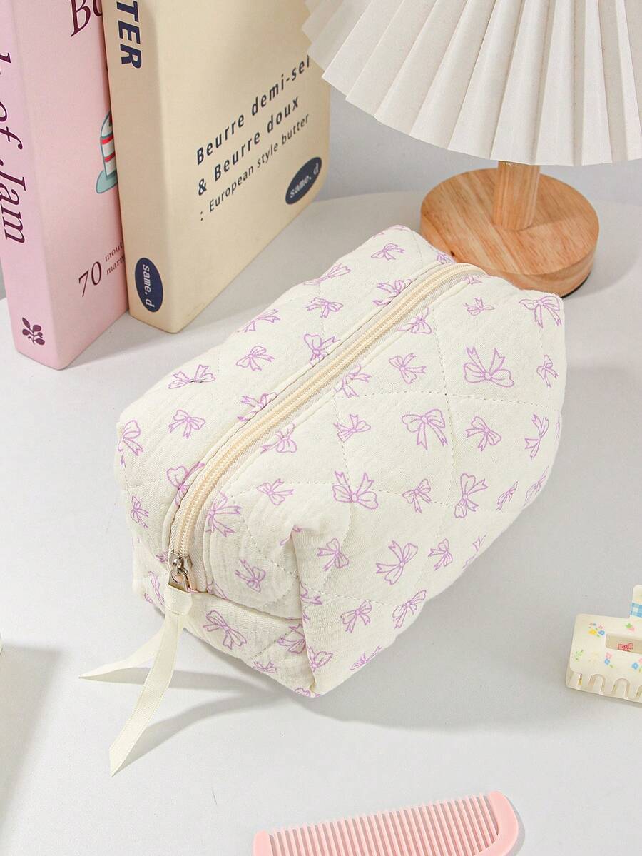 可爱蝴蝶结化妆包可爱蝴蝶结结纹洗漱包旅行化妆收纳拉链袋，绗缝化妆品包，时尚可折叠通勤化妆包 Forrushes 美学化妆包