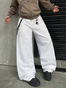 Infinite Jeans 1件裝 男士街頭極簡印花寬鬆寬腿牛仔長褲，舒適百搭休閒四季款（產品不含腰帶與配件） - 白色 - 查看 8