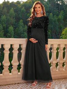 Joyfunear Maternity Sequin Patchwork Sheer Mesh Long Sleeve Cherry Dress