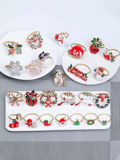 1/4 pezzi Anelli portatovaglioli natalizi - Anelli portatovaglioli in metallo con elementi natalizi e strass rossi, adatti per feste natalizie, cene, matrimoni, decorazione tavola da banchetto