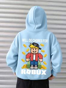 Tween Boy Pixel Style Cartoon Boy Image And Gold Coins Printing Hoodies Boy Fashion Long Sleeve Hooded Sweatshirts Autumn And Winter Student Tween Boy Clothing - Blue - View 1