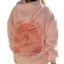 2025 Women's Sportswear Hawaii Hibiscus Sweatshirt Ins Outdoor Warm Drop Shoulder Sleeve Ribbed Hoodie Embroidery Design - 紅色-椰樹 - 查看 6