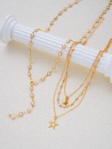 1/2pcs Set Vintage Minimalist Elegant Star Pendant Necklace With Faux Pearl Embellished Y-Shaped Long Chain, Versatile Jewelry Suitable For Women Daily, Party, Date, Vacation, Christmas, Halloween Gift