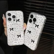 Funda magnética para phone 16, 15, 14, 13, 12 y 11 Pro. Diseño con un bonito lazo negro de lunares. Atractiva, fabricada en acrílico y compatible con carga inalámbrica. - transparente - Ver 4