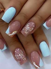 24Pcs/Set Nail Art Stickers - Light Blue, Floral, Butterfly Patterns, Medium Square Shape, Glossy Surface - Diversified Styles, Fashionable Manicure, Bright Nail Art |   Pattern Stamping |   Complex Nail Designs, Nail Accessories To Make Your Fingertips  Brilliantly, Suitable For Parties, Dances And Everyday Wear, Removable And Reusable Press On Nails Nail Supplies Nails - 彩色 - 查看 2