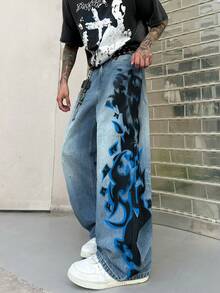 1pc Men's Handpainted Graphic Wide Leg Jeans, Streetwear Casual Loose Fit Washed Denim Pants (No Belt Or Accessories) - Blue - View 7