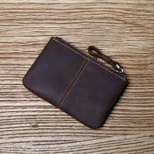 2024 Cartera pequeña de cuero retro Crazy Horse para hombres, hecha a mano, con cremallera, para licencia de conducir, llaves, monedas, tarjetas, fundas delgadas - Negro - Ver 4