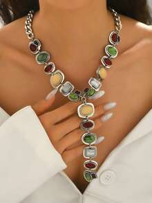 1 chiếc vòng cổ dài tua rua hình chữ Y đính đá quý giả thời trang cổ điển, phụ kiện vòng cổ dây xích áo len bạc oxy hóa hình học sang trọng phong cách Baroque, phù hợp cho trang phục hàng ngày, tiệc tùng, sự kiện của phụ nữ - Bạc - Xem 2