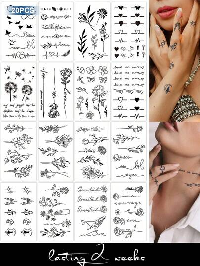 CAT QUEEN ART 20 piezas Pegatinas de tatuaje temporal de jugo de frutas, con ingredientes de plantas naturales, pegatinas de tatuaje semipermanente, estilo minimalista, con patrones florales, dientes de león y pájaros, adecuadas para dedos, orejas, hombros, cuello, clavícula y otras partes del Body, para uso diario, fiestas, vacaciones, regalos, decoración corporal, duran 1-2 semanas sin desvanecerse, sin reflejos, impermeables, tatuajes realistas.