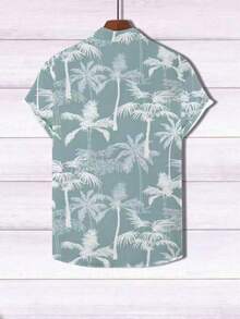 Mature Vacation Palm Tree Print Short Sleeve Casual Shirt D2623 - Blue - View 2