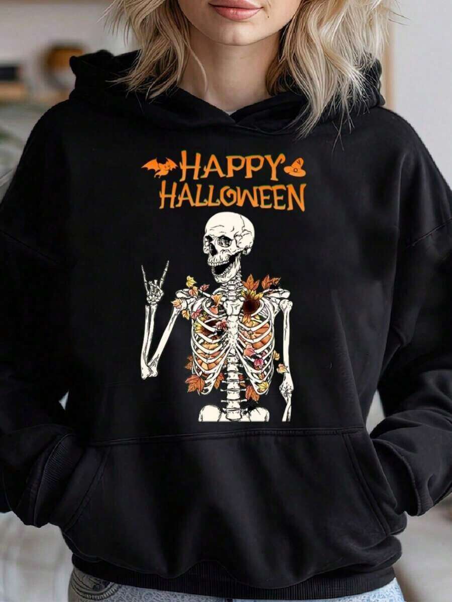 Happy Halloween Greeting With Playful Skeleton And Autumn Leaves. Cozy Classic Print Pullover Hoodie, Casual Long Sleeve Hoodie For Sprots,Fall Hoodies,Men's Fall Clothes,Street Wear,Halloween,Mens Hoodies,Y2k Clothes,Jesus Hoodie,Thanksgiving Day,Nightmare Before Christmas,Christmas - màu đen - Xem 1