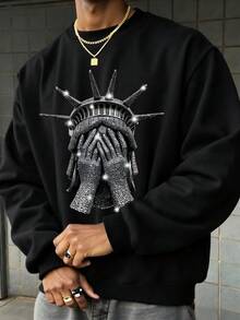 Teen Boy Clothes Street Fashion Statue Pattern Print Oversized Loose Long-Sleeved Round-Neck Sweatshirt - Black - View 1