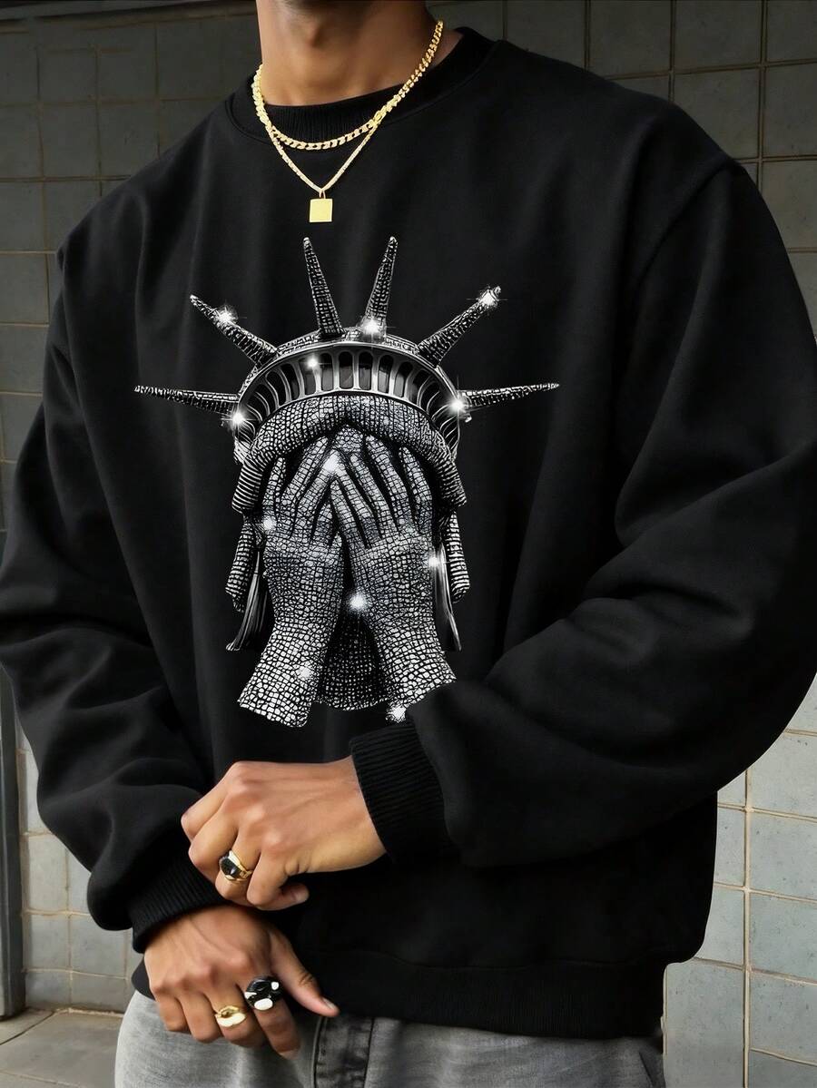 Teen Boy Clothes Street Fashion Statue Pattern Print Oversized Loose Long-Sleeved Round-Neck Sweatshirt - Black - View 1