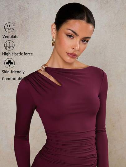 QIANZHIDU Minimalist Solid Color Knit Fabric Asymmetric/Irregular Twist Ruffle Hollow Out Long Sleeve Women's Top, Asymmetric Neckline Metal Decor Design, Breathable Skin-Friendly Ruched Fabric Ruffle Decor Waist Cinched/Ruched Women Pullover Sweater, Suitable For Night Date, Holiday, School, Resort, Office, Everyday, Birthday Party, Date, Singles Party, Travel, Tea Party, Airport Outfit, Autumn/Winter Undershirt