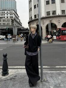 男性用ストライプ2枚組カットソーシャツ-ゆったりとした長袖襟、縦縞のジャケットとシャツを組み合わせ、冬の保温コートを洗濯でき、レジャーやビジネスカジュアルに適している（秋冬） - ブラック - チェックする 4