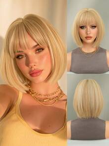 NICKY WALL Elegant 12 Inch Short Straight Wigs For Women Blonde Highlights Bob Wigs With Bangs, High Density Fluffy Synthetic Heat Resistant Fiber Hair Wig For Daily Party Use - Blonde Highlight - View 6