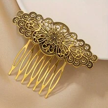 1 Simple Retro Zinc Alloy Hollow Palace Flower Hair Comb For Women Daily Hair Styling Gift - 銀色 - 查看 2
