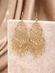 1 par de pendientes de borla hueca elegante de aleación, pendientes largos colgantes de novia marroquí, pendientes de estilo palacio francés vintage, accesorios esenciales para fiestas y festivales de mujeres argelinas