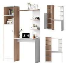 Work Table/Desk With Storage – White With Strip Wood Contrast, Lower Cabinet With Doors And Upper Open Shelf, Office Design, - 白色 - 查看 5