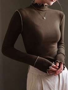 女式休闲撞色饰边中式领T恤，秋季 - 咖啡色 - 查看 4