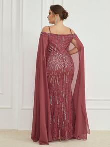 UNITHORSE Vestido formal de longitud hasta el piso con bordado de lentejuelas de corte aleatorio - Color caoba - Ver 2