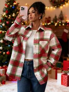 Women's Casual Plaid Print Drop Shoulder Shirt,Long Sleeve Tops Fall Cloth For Women ,Autumn,Spring - Red and White - View 7