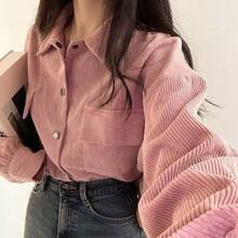 Jaket Pendek Lengan Lentera Kerah Lipat Saku Dada Bahan Korduroi Warna Pink Polos, Cocok untuk Acara Santai dan Pertemuan Natal di Musim Dingin - Berwarna merah muda - View 6