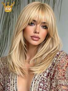 14 Inch Golden Bobo Hairstyle With Bangs - Natural Charming Medium Length Synthetic Wig, Suitable For Women - Gold - View 12