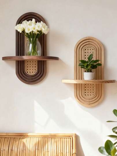 1件波西米亚风藤编壁挂架 - 复古简约家居装饰，木质壁挂式植物架，适合小型盆栽，可用作悬浮展示架，适用于客厅、卧室、餐厅、浴室、办公室等空间，打造精美的艺术墙面装饰。
