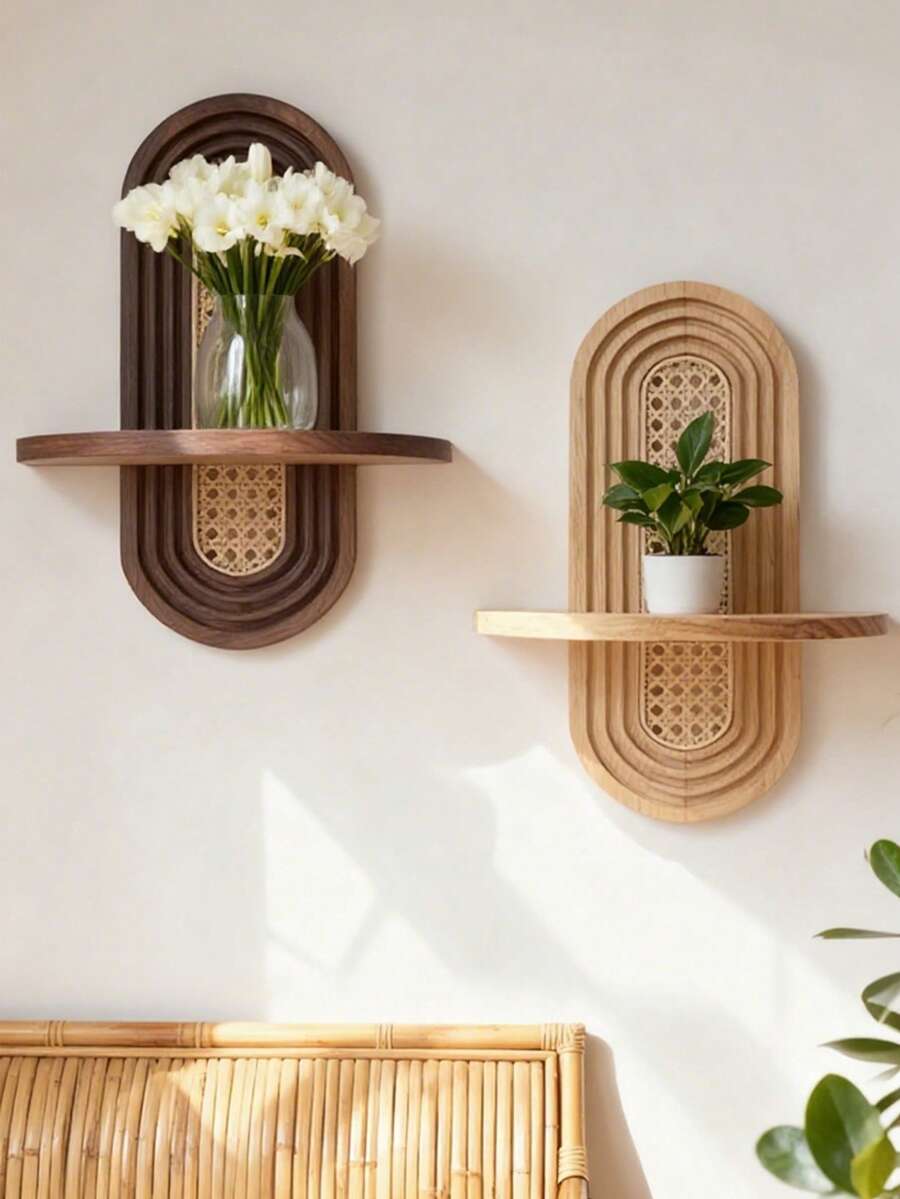 1件波西米亚风藤编壁挂架 - 复古简约家居装饰，木质壁挂式植物架，适合小型盆栽，可用作悬浮展示架，适用于客厅、卧室、餐厅、浴室、办公室等空间，打造精美的艺术墙面装饰。