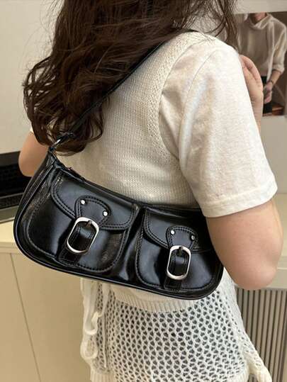 حقيبة كتف جلدية قابلة للتحويل بسحاب، حقيبة بغيت للنساء، حقيبة يد صغيرة من جلد البولي يوريثان بلون أحادي للنساء، حقائب أنيقة للسيدات