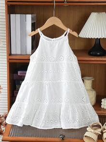 Young Girls White Sleeveless Hollow-Out Long Dress