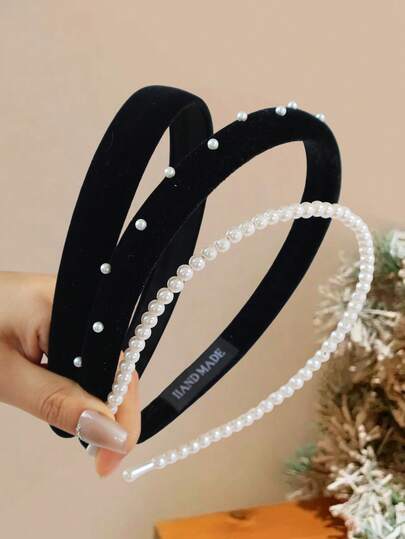 3pcs Versatile Elegant Velvet & Pearl Sponge Headbands Set, Suitable For Various Occasions