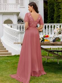 MIUSOL Sweetheart Neck Sequin Lace Ruffle Sleeve Split Thigh Chiffon Formal Party Maxi Dress