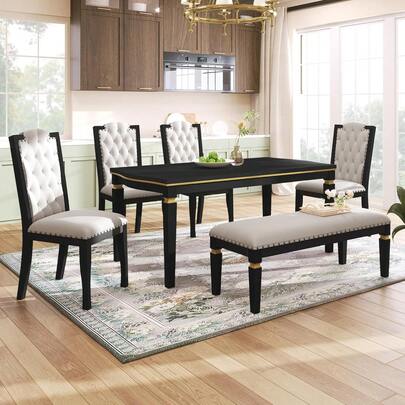 6 Piece Dining Table Set With Bench, 60" Wooden Rectangular Table With 4 High-Back Tufted Chairs & 1 Bench, Kitchen Dining Room Table Set For 6 People, Black,23691574