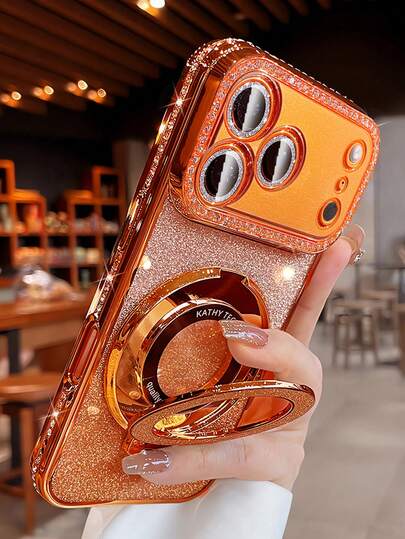Luxury Bling Glitter Camera Rhinestone Ring Holder Gradient Sequins Plating Phone Case Compatible With IPhone 17 Pro Max Air 16 15 14 13 12 Pro Max Mini Girl And Women Orange Silvery Pink Bracket Case