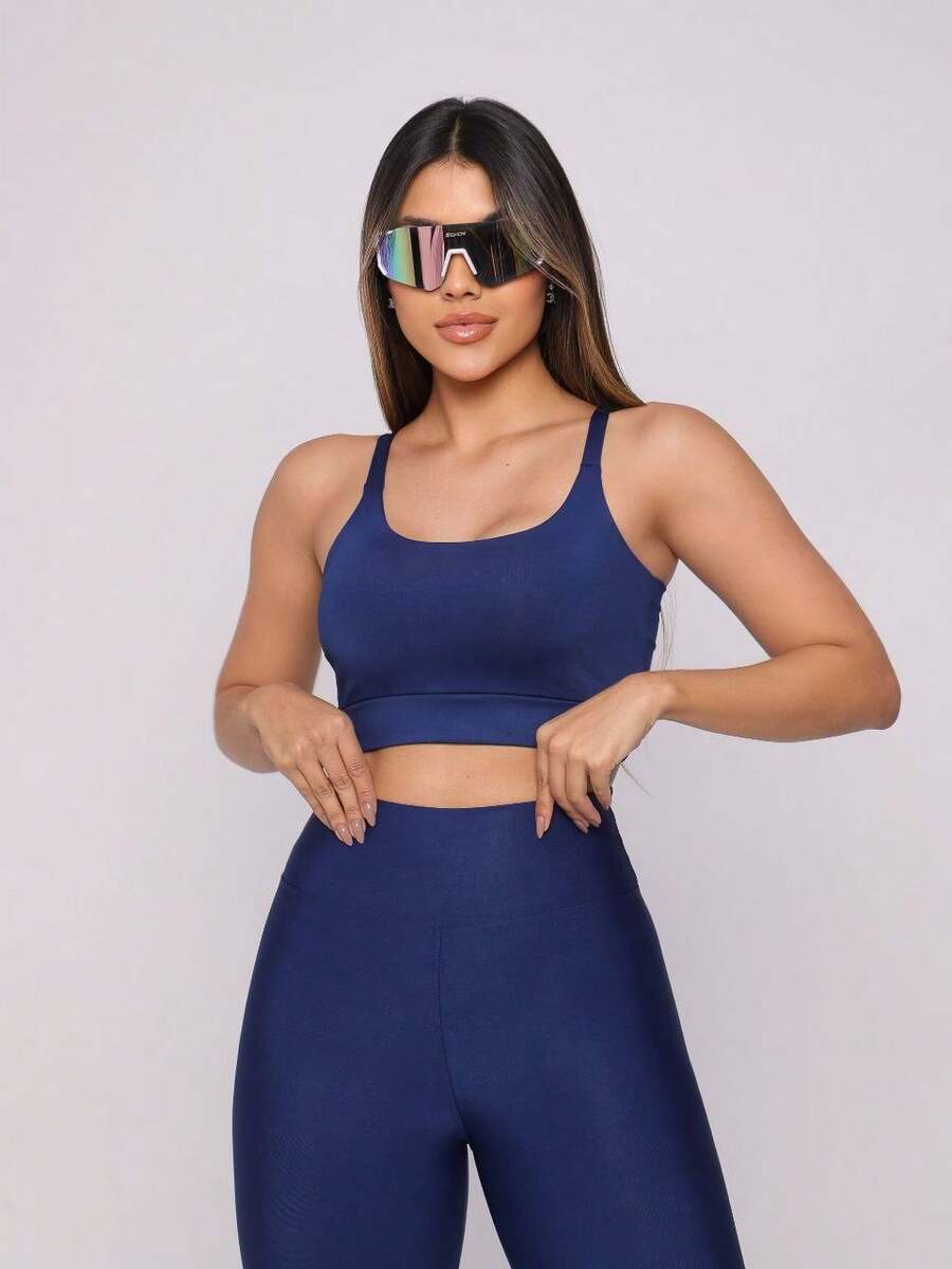 Premium Suplex Fitness Set With Pants And Non-Transparent Cup Top, Fitness Gym Clothing Kit, High Compression Leggings - 全藍 - 查看 1
