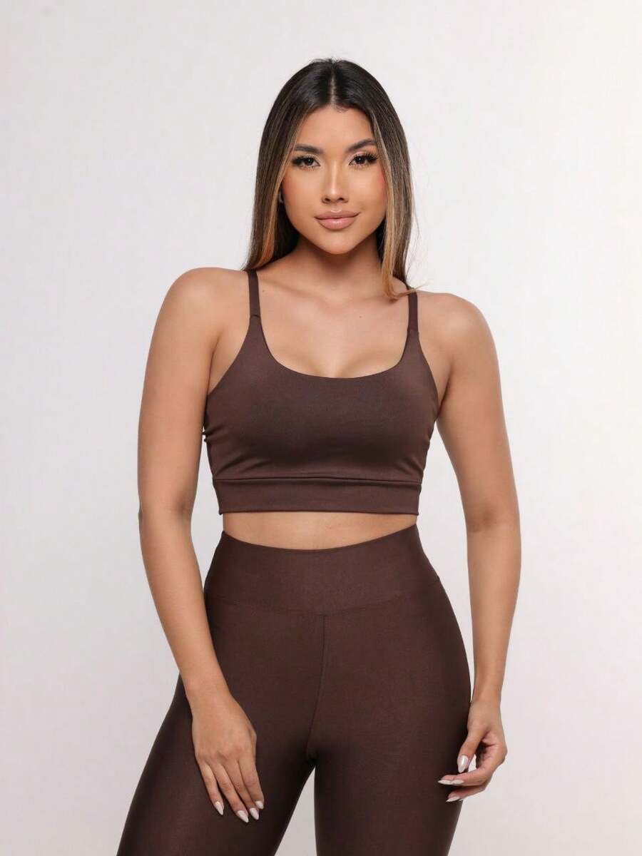 Premium Suplex Fitness Set With Pants And Non-Transparent Cup Top, Fitness Gym Clothing Kit, High Compression Leggings - 全棕色 - 查看 1