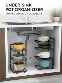 Pot Rack For Pot Storage Kitchen Stainless Steel Shelf Rack Under The Sink Multi-Layer Household Cabinet Layered - Double-layer Black [adjustable Layer Distance] - View 3