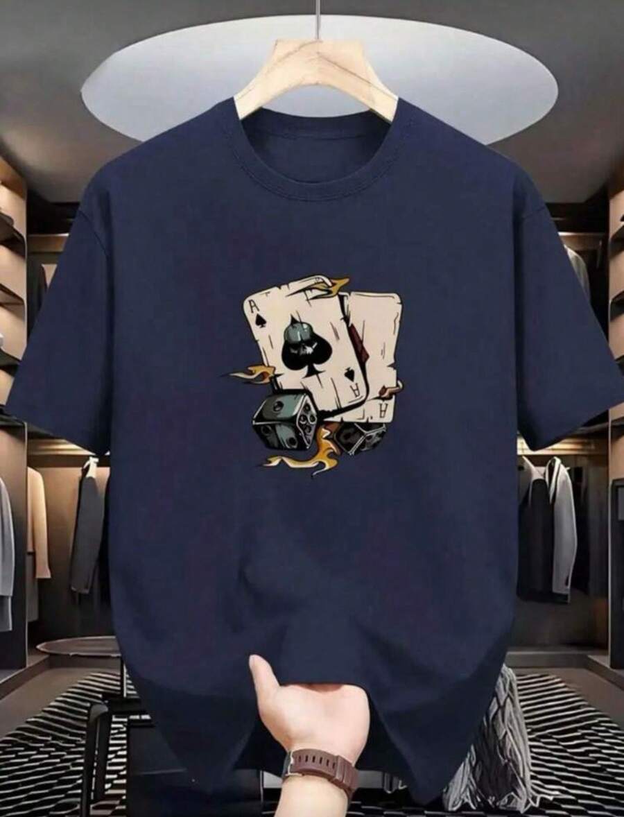 Basic T-Shirt Men's Women's Cotton Tshirt Unisex Shirt Summer Fashion Streetwear Playing Cards And Dice - 藏蓝色 - 查看 1