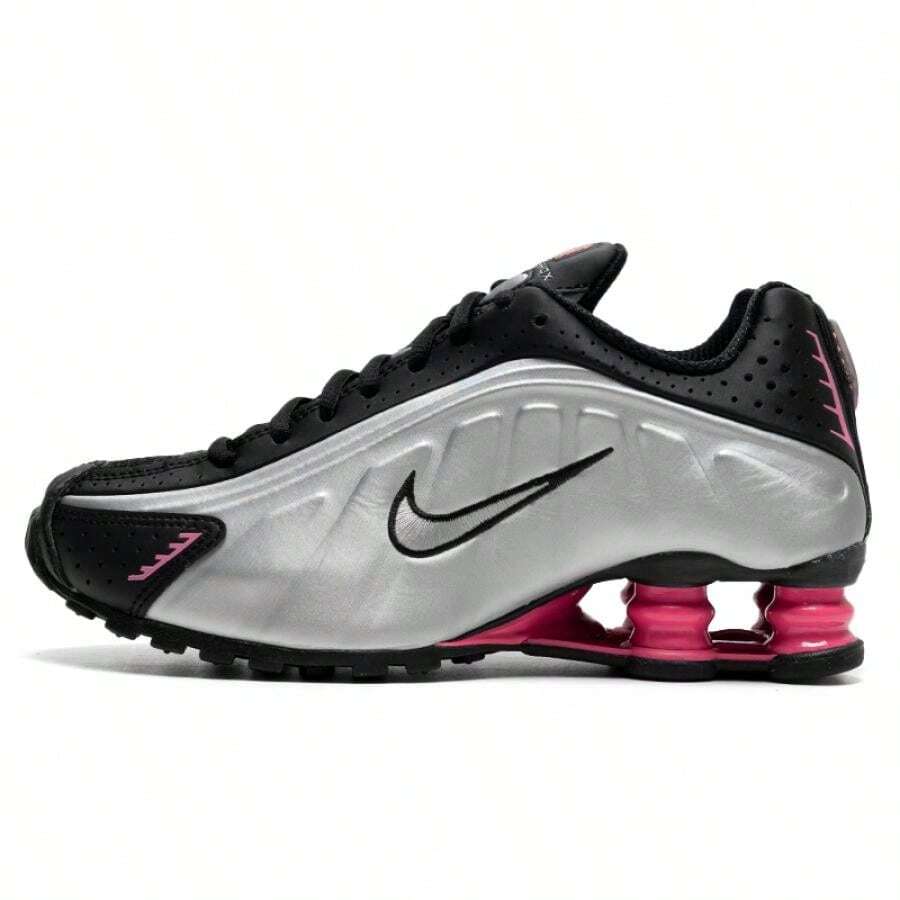 Nike Giày chạy bộ SHOX R4, giày thể thao nữ nhẹ và thời trang, thích hợp cho chạy bộ, thể thao và đi làm AR3565-012 - Đen/Bạc ánh kim/Tím hồng loang lổ - Xem 1
