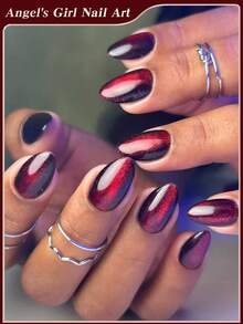 24pcs/Set Short Oval Shaped Nail Stickers, Classic Y2K Style Blood Red Crystal Cat Eye Nail Stickers, Red Nail Stickers, Acrylic Gel Nail Stickers, Includes 1pc Jelly Gel And 1pc Nail File, Natural Short Nail Stickers, Suitable For Women And Girls For Daily Work, Study And Party