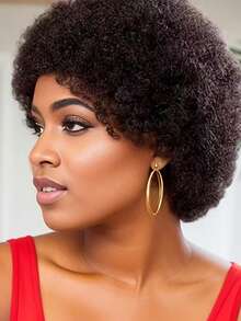 6-Inch Short Fluffy Curly Brazilian Human Hair Wig, Pixie Cut Style, Glueless Short Wig With Bangs, Hand-Tied, Natural Black - SNatural - 查看 4