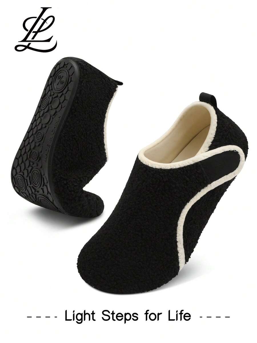 Leisfit Women's Wide Toe House Slippers, Comfortable Lightweight Retro Adjustable Flat Shoes, Solid Color Non-Slip Soles, Washable Indoor Slipper Socks, Suitable For Indoor/Outdoor Use, Autumn/Winter - Black - View 1