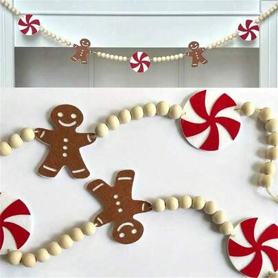 1/2 Packs Christmas Wreath With Wooden Beads And Gingerbread , Christmas Decoration To Hang On The Fireplace, Includes 4 Gingerbread Men And 63 Wooden Beads
