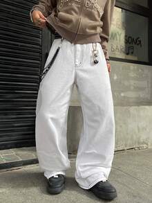 Infinite Jeans 1件裝 男士街頭極簡印花寬鬆寬腿牛仔長褲，舒適百搭休閒四季款（產品不含腰帶與配件） - 白色 - 查看 2