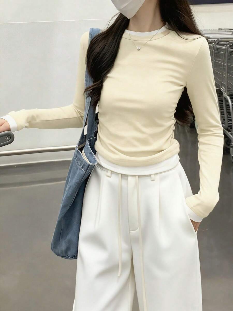女士春季圆领撞色二合一褶皱长袖T恤上衣休闲款 - 杏色 - 查看 1