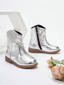 Autumn/Winter Embroidered Totem Boots, New Wear-Resistant Warm Comfortable Flat Western Style Versatile Baby Boots - Silver - View 3