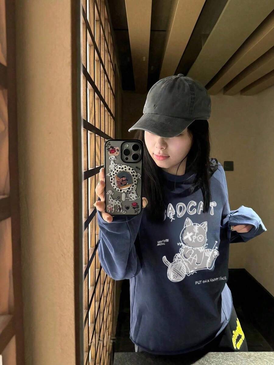 秋冬新款女版小碼休閒圓領卡通印花寬鬆長袖T恤 - 深藍色 - 查看 1